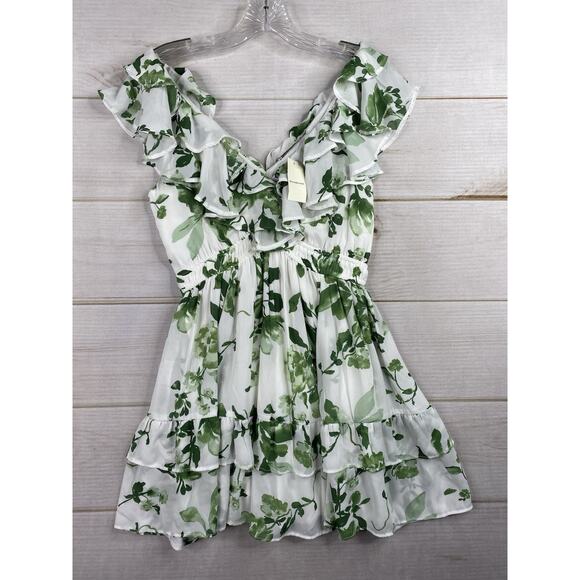 Abercombie & Fitch Dress Sz Small Petite Green Floral Ruffled V Neck - Picture 1 of 11